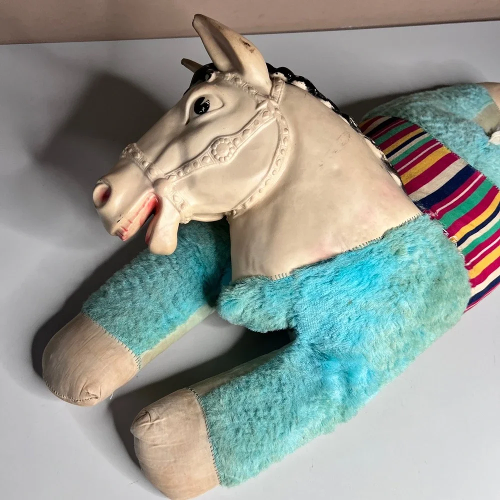 Vintage 1950s Carnival Prize Plush Horse‎ Rubber Head Teal Blue Striped Saddle
